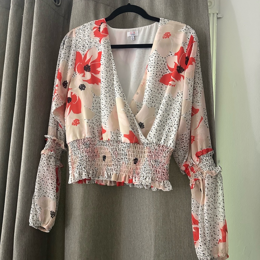 Floral Wrap Top - Red and Cream